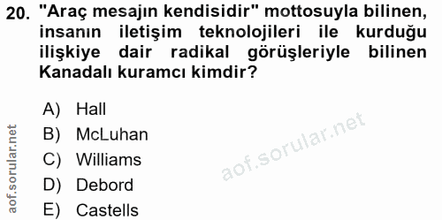 20. soru: "Araç mesajın kendisidir" mottosuyla bilinen, insanın iletişim teknolojileri ile kurduğu ilişkiye dair radikal görüşl…