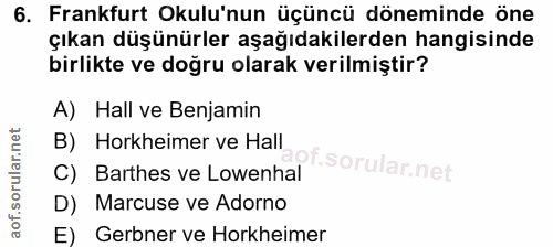 6. soru: Frankfurt Okulu'nun üçüncü döneminde öne çıkan düşünürler aşağıdakilerden hangisinde birlikte ve doğru olarak verilmi…