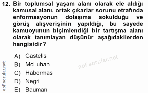 12. soru: Bir toplumsal yaşam alanı olarak ele aldığı kamusal alanı, ortak çıkarlar sorunu etrafinda enformasyonun dolaşıma sok…