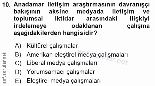 10. soru: Anadamar iletişim araştırmasının davranışçı bakışının aksine medyada iletişim ve toplumsal iktidar arasindaki ilişkiy…