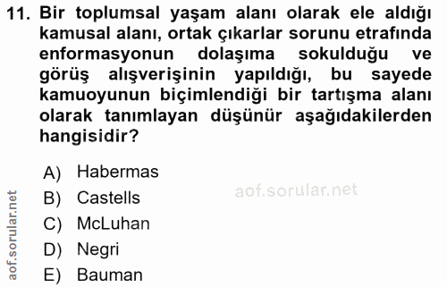 11. soru: Bir toplumsal yaşam alanı olarak ele aldığı kamusal alanı, ortak çıkarlar sorunu etrafinda enformasyonun dolaşıma sok…