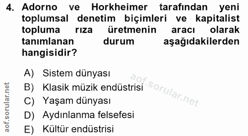 4. soru: Adorno ve Horkheimer tarafından yeni toplumsal denetim biçimleri ve kapitalist topluma riza üretmenin aracı olarak ta…