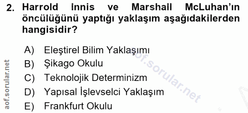 2. soru: Harrold Innis ve Marshall McLuhan'ın öncülüğünü yaptığı yaklaşım aşağıdakilerden hangisidir? A) Eleştirel Bilim Yakla…