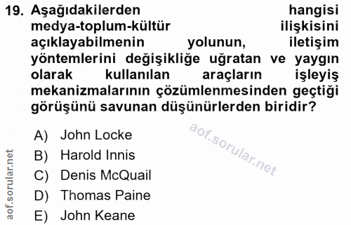 19. soru: Aşağıdakilerden hangisi medya-toplum-kültür ilişkisini açıklayabilmenin yolunun, iletişim yöntemlerini değişikliğe uğ…