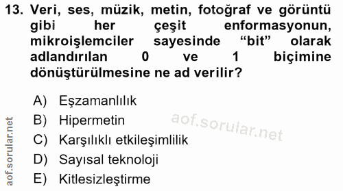 13. soru: Veri, ses, müzik, metin, fotoğraf ve görüntü gibi her çeşit enformasyonun, mikroişlemciler sayesinde "bit" olarak adl…