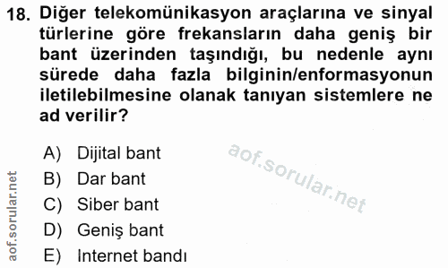 18. soru: Diğer telekomünikasyon araçlarına ve sinyal türlerine göre frekansların daha geniş bir bant üzerinden taşındığı, bu n…