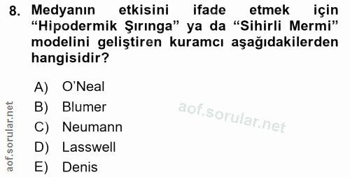 8. soru: Medyanın etkisini ifade etmek için "Hipodermik Şırınga" ya da "Sihirli Mermi" modelini geliştiren kuramcı aşağıdakile…