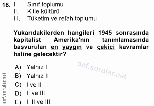 18. soru: I. Sınıf toplumu Il. Kitle kültürü IlI. Tüketim ve refah toplumu Yukarıdakilerden hangileri 1945 sonrasında kapitalis…