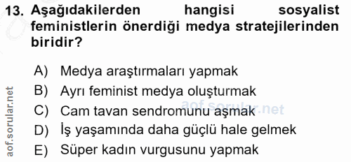 13. soru: Aşağıdakilerden hangisi sosyalist feministlerin önerdiği medya stratejilerinden biridir? A) Medya araştırmaları yapma…