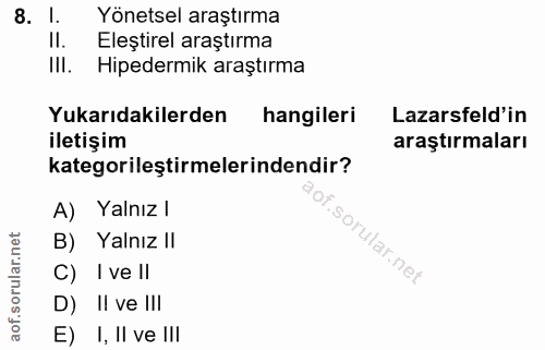 8. soru: l. Yönetsel araştırma II. Eleştirel araştırma III. Hipedermik araştırma Yukarıdakilerden hangileri Lazarsfeld'in ilet…