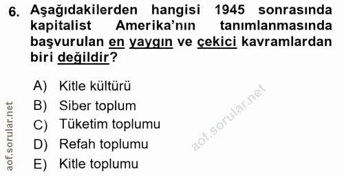 6. soru: Aşağıdakilerden hangisi 1945 sonrasında kapitalist Amerika'nın tanımlanmasında başvurulan en yaygın ve çekici kavraml…