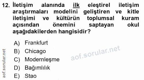 12. soru: İletişim alanında ilk eleştirel iletişim araştırmaları modelini geliştiren ve kitle iletişimi ve kültürün toplumsal k…