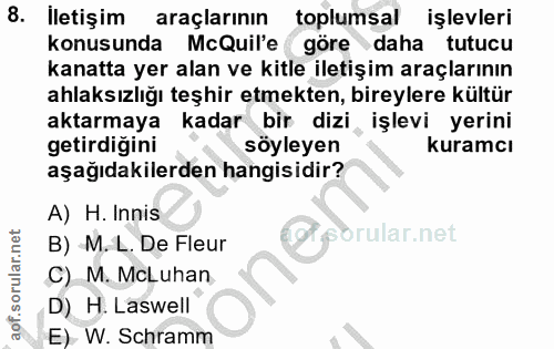 8. soru: İletişim araçlarının toplumsal işlevleri konusunda McQuile göre daha tutucu kanatta yer alan ve kitle iletişim araçla…