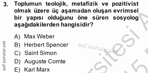 3. soru: Toplumun teolojik, metafizik ve pozitivist olmak üzere üç aşamadan oluşan evrimsel bir yapısı olduğunu öne süren sosy…