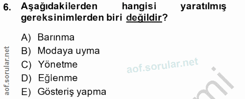 6. soru: Aşağıdakilerden hangisi yaratılmış gereksinimlerden biri değildir? A) Barınma B) Modaya uyma C) Yönetme D) Eğlenme E)…