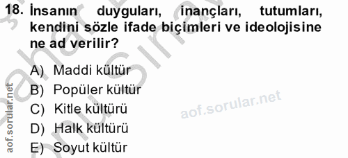18. soru: Insanın duyguları, inançları, tutumları, kendini sözle ifade biçimleri ve ideolojisine ne ad verilir? A) Maddi kültür…