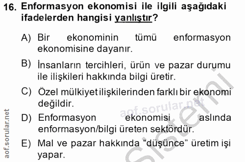 16. soru: Enformasyon ekonomisi ile ilgili aşağıdaki ifadelerden hangisi yanlıştır? A) Bir ekonominin tümü enformasyon ekonomis…
