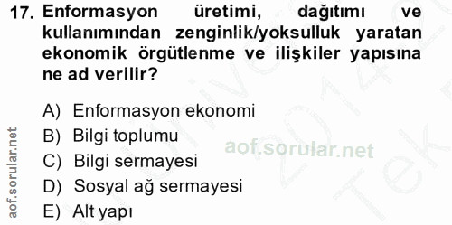 17. soru: Enformasyon üretimi, dağıtımı ve kullanımından zenginlik/yoksulluk yaratan ekonomik örgütlenme ve ilişkiler yapısına…