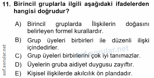 11. soru: Birincil gruplarla ilgili aşağıdaki ifadelerden hangisi doğrudur? A) Birincil gruplarda llişkilerin doğasını belirley…