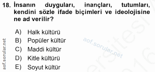 18. soru: Insanın duyguları, inançları, tutumları, kendini sözle ifade biçimleri ve ideolojisine ne ad verilir? A) Halk kültürü…