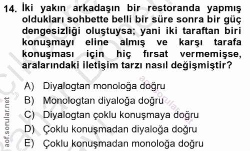 14. soru: İki yakın arkadaşın bir restoranda yapmış oldukları sohbette belli bir süre sonra bir güç dengesizliği oluştuysa; yan…