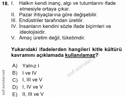18. soru: I. Halkın kendi inanç, algı ve tutumlarını ifade etmesiyle ortaya çıkar. II. Pazar ihtiyaçlarına göre değişebilir. II…