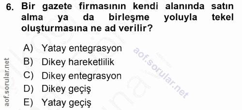 6. soru: Bir gazete firmasının kendi alaninda satin alma ya da birleşme yoluyla tekel oluşturmasına ne ad verilir? A) Yatay en…
