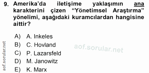 9. soru: Amerika'da iletişime yaklaşımın karakterini çizen "Yönetimsel Araştırma" yönelimi, aşağıdaki kuramcılardan hangisine…