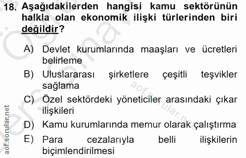 18. soru: Aşağıdakilerden hangisi kamu sektörünün halkla olan ekonomik ilişki türlerinden biri değildir? A) Devlet kurumlarında…