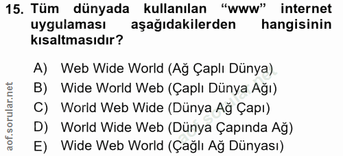 15. soru: Tüm dünyada kullanılan "www" internet uygulaması aşağıdakilerden hangisinin kısaltmasıdır? A) Web Wide World (Ag Çapl…