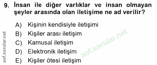 9. soru: Insan ile diğer varlıklar ve insan olmayan şeyler arasında olan iletişime ne ad verilir? A) Kişinin kendisiyle iletiş…