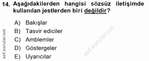 14. soru: Aşağıdakilerden hangisi sözsüz iletişimde kullanılan jestlerden biri değildir? A) Bakışlar B) Tasvir ediciler C) Ambl…