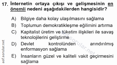 17. soru: Internetin ortaya çıkışı ve gelişmesinin en önemli nedeni aşağıdakilerden hangisidir? A) Bilgiye daha kolay ulaşılmas…