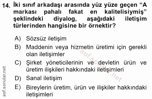 14. soru: İki sınıf arkadaşı arasında yüz yüze geçen "A markası pahalı fakat en kalitelisiymiş" şeklindeki diyalog, aşağıdaki i…