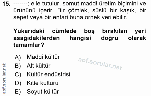 15. soru: -; elle tutulur, somut maddi üretim biçimini ve ürününü içerir. Bir çömlek, süslü bir kaşık, bir sepet veya bir entar…