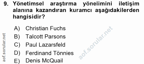 9. soru: Yönetimsel araştırma yönelimini iletişim alanına kazandıran kuramcı aşağıdakilerden hangisidir? A) Christian Fuchs B)…