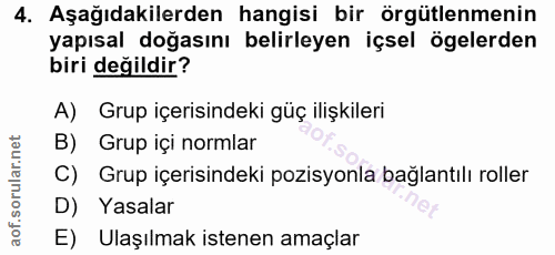 4. soru: Aşağıdakilerden hangisi bir örgütlenmenin yapısal doğasını belirleyen içsel ögelerden biri değildir? A) Grup içerisin…