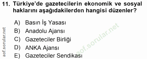 11. soru: Türkiye'de gazetecilerin ekonomik ve sosyal haklarını aşağıdakilerden hangisi düzenler? A) Basın İş Yasası ar.ne B) A…