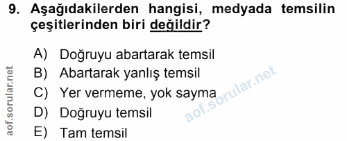 9. soru: Aşağıdakilerden hangisi, medyada temsilin çeşitlerinden biri değildir? A) Doğruyu abartarak temsil B) Abartarak yanlı…