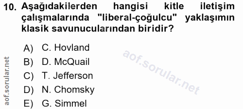 10. soru: Aşağıdakilerden hangisi kitle iletişim çalışmalarında "liberal-çoğulcu" yaklaşımın klasik savunucularından biridir? A…