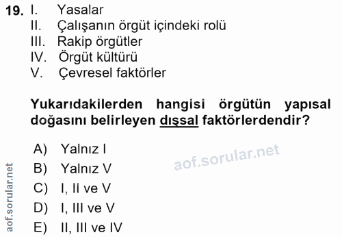 19. soru: 1. Yasalar II. Çalışanın örgüt içindeki rolü IlI. Rakip örgütler IV. Örgüt kültüru V. Çevresel faktörler Yukarıdakile…