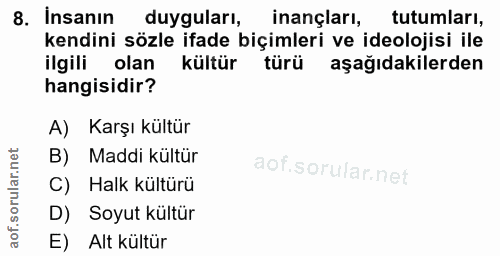 8. soru: İnsanın duyguları, inançları, tutumları, kendini sözle ifade biçimleri ve ideolojisi ile ilgili olan kültür türü aşağ…