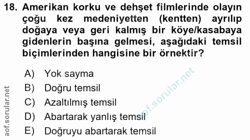 18. soru: Amerikan korku ve dehşet filmlerinde olayın çoğu kez medeniyetten (kentten) ayrılıp doğaya veya geri kalmış bir köye/…