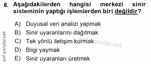 8. soru: Aşağıdakilerden hangisi merkezi sinir sisteminin yaptığı işlemlerden biri değildir? A) Duyusal veri analizi yapmak B)…