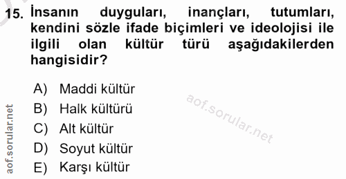 15. soru: Insanın duyguları, inançları, tutumları, kendini sözle ifade biçimleri ve ideolojisi ile ilgili olan kültür türü aşağ…