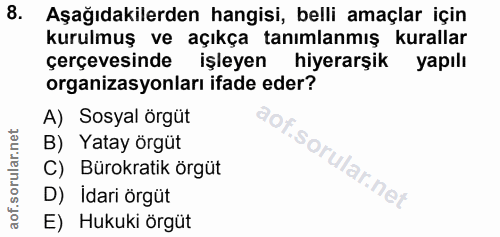 8. soru: Aşağıdakilerden hangisi, belli amaçlar için kurulmuş ve açıkça tanımlanmış kurallar çerçevesinde işleyen hiyerarşik y…