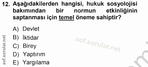 12. soru: Aşağıdakilerden hangisi, hukuk sosyolojisi bakımından bir normun etkinliğinin saptanması için temel öneme sahiptir? A…