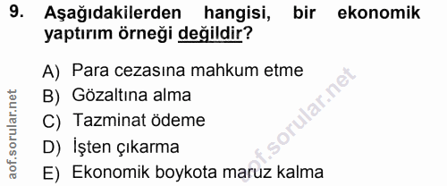 9. soru: Aşağıdakilerden hangisi, bir ekonomik yaptırım örneği değildir? A) Para cezasına mahkum etme B) Gözaltına alma C) Taz…