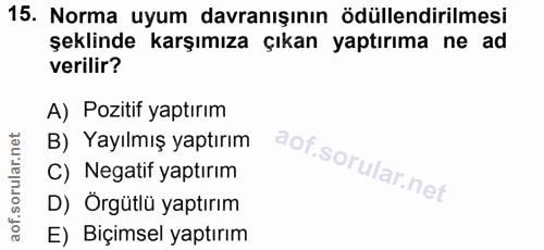 15. soru: Norma uyum davranışının ödüllendirilmesi şeklinde karşımıza çıkan yaptırıma ne ad verilir? A) Pozitif yaptırım B) Yay…