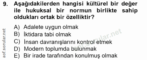 9. soru: Aşağıdakilerden hangisi kültürel bir değer ile hukuksal bir normun birlikte sahip oldukları ortak bir özelliktir? A)…